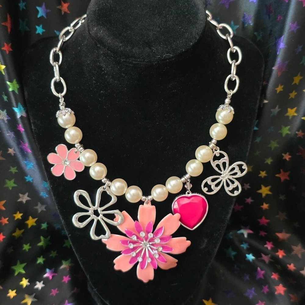 Pink Flower Heart Necklace Robert Rose Y2k